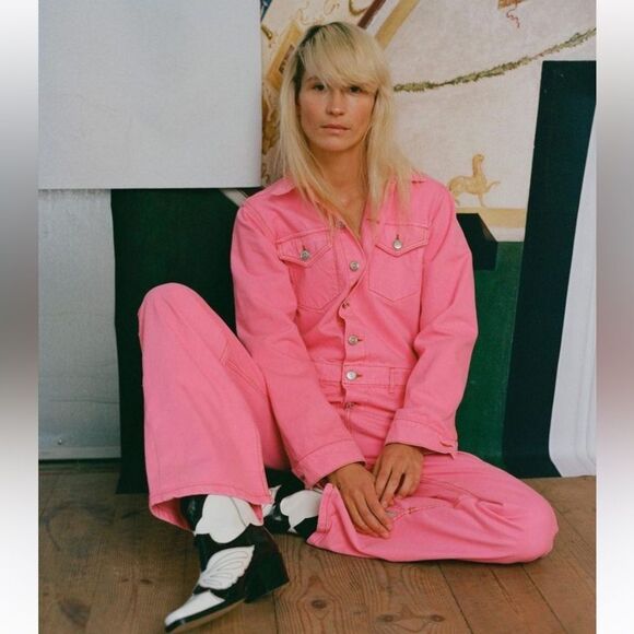 Ganni Pink Jumpsuit Boilersuit Cotton Denim Size 2 - Picture 4 of 15